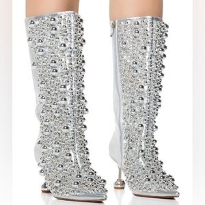 AZALEA WANG Metallic Silver Ball Vegan Leather High Heel Boots